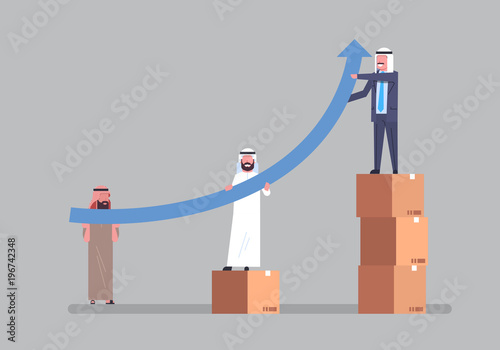 Arab Businessmen Group Raising Financial Arrow Up Growth And Teamwork Concept Flat Vector Illustration