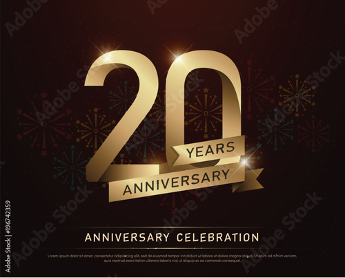 20th years anniversary celebration gold number and golden ribbons with fireworks on dark background. vector illustration