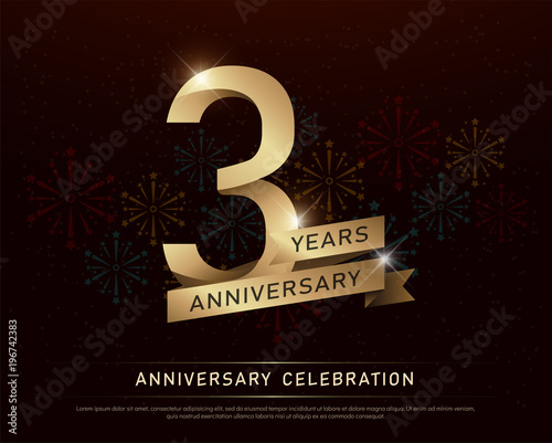 3rd years anniversary celebration gold number and golden ribbons with fireworks on dark background. vector illustration