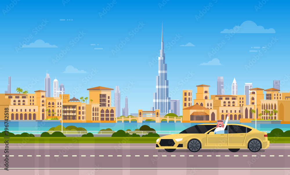Obraz premium Yellow Taxi Car On Road Over Dubai City Background Flat Vector Illustration