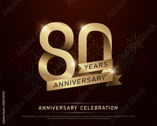 80th years anniversary celebration gold number and golden ribbons with fireworks on dark background. vector illustration