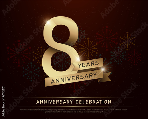 8th years anniversary celebration gold number and golden ribbons with fireworks on dark background. vector illustration