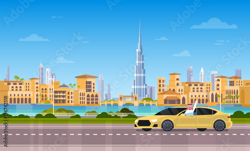 Yellow Taxi Car On Road Over Dubai City Background Flat Vector Illustration