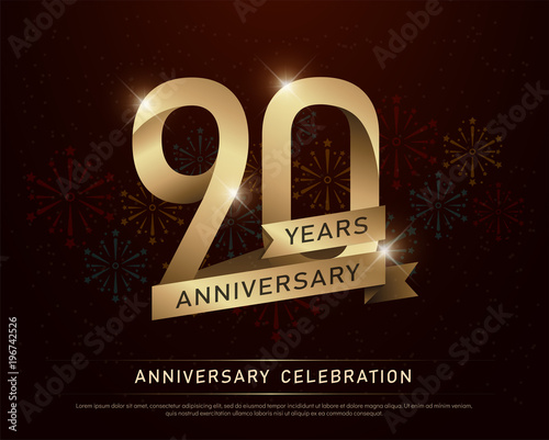 90th years anniversary celebration gold number and golden ribbons with fireworks on dark background. vector illustration photo