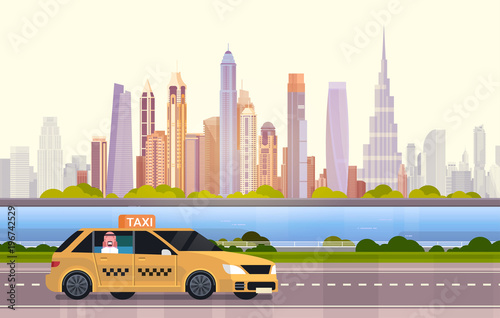 Yellow Taxi Car Cab On Road Over Dubai City Background Flat Vector Illustration