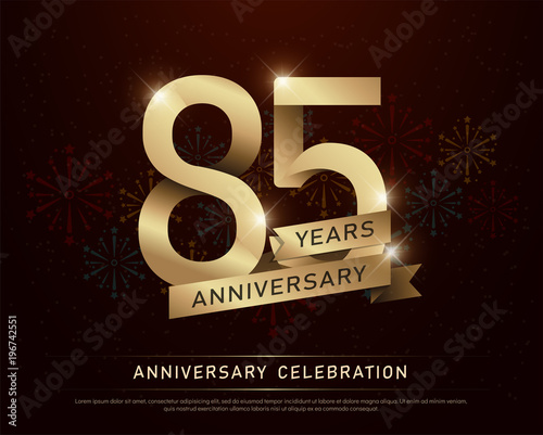 85th years anniversary celebration gold number and golden ribbons with fireworks on dark background. vector illustration