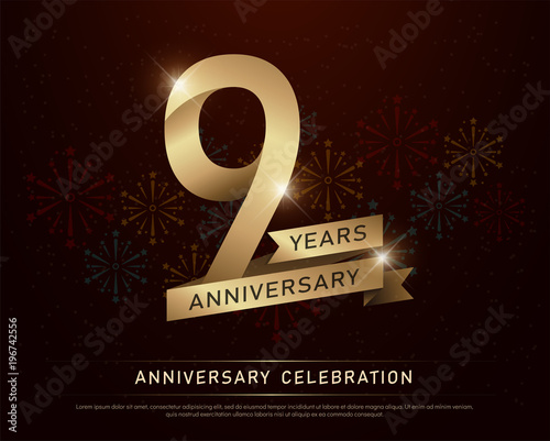 9th years anniversary celebration gold number and golden ribbons with fireworks on dark background. vector illustration