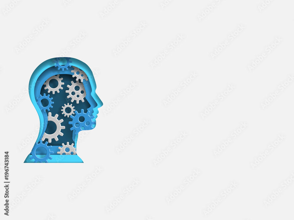 Curvilinear form of human brain containing wheels. Volumetric multilevel cut from a paper of a profile of person. Business concept. Creative idea. Technology background. 