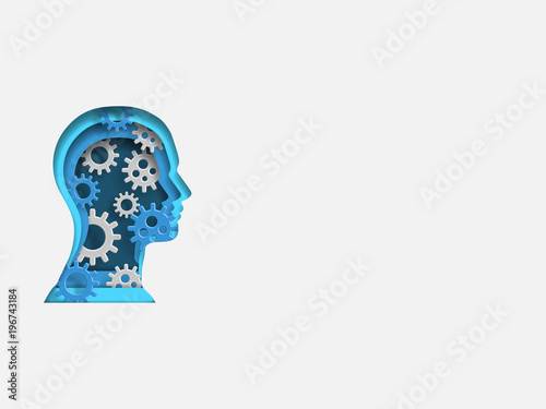 Curvilinear form of human brain containing wheels. Volumetric multilevel cut from a paper of a profile of person. Business concept. Creative idea. Technology background. 