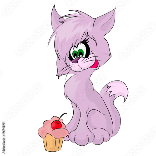 kitty with cupcake, isolated, vector illustration