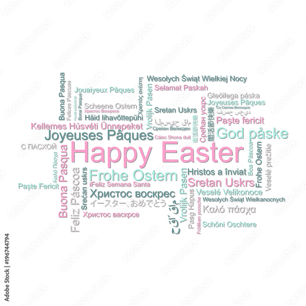 Happy Easter in different languages, word tag cloud, vector