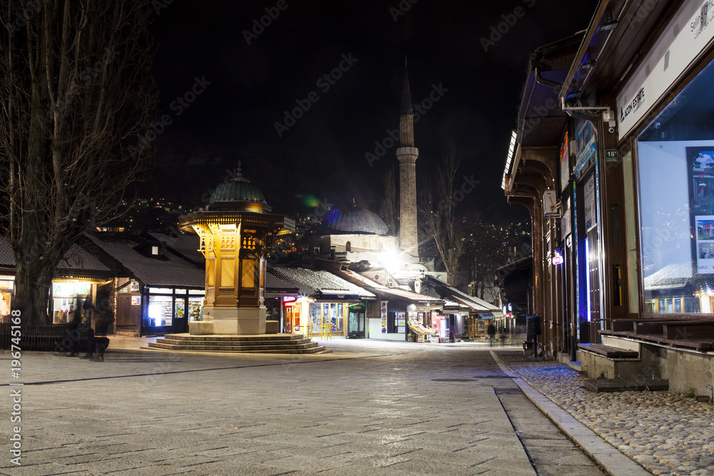 Night view of the Sebilj, wooden fountain in Sarajevo