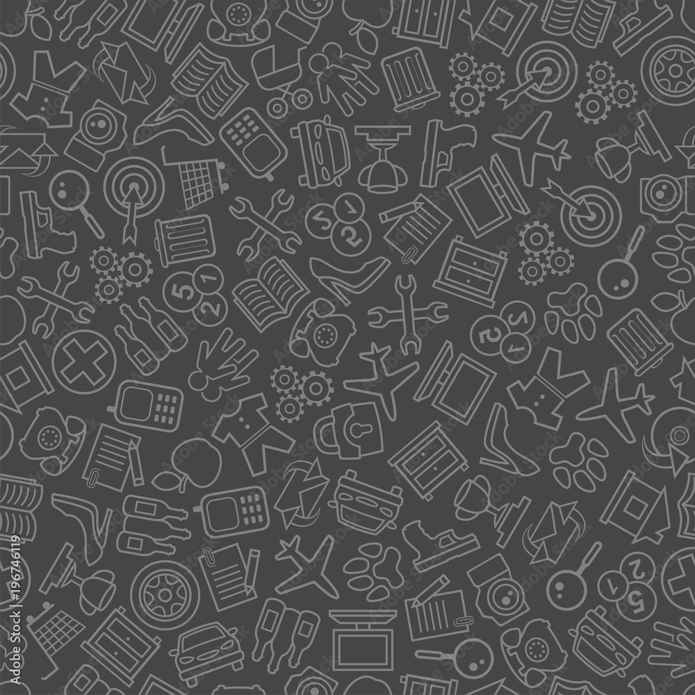 Seamless background of objects on a grey background