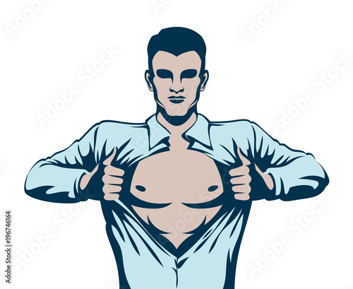 Man tears his shirt on a white background