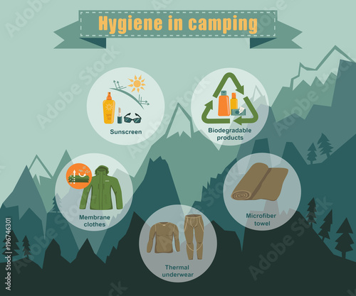 Hygiene maintenance in camping. Set of clothes and equipment for health and body care. Color infographics at mountains background.Flat vector illustration