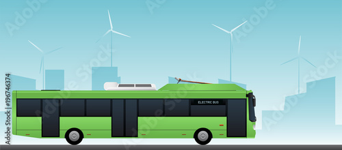 Green electric bus with pantograph for quick charging. Vector illustration EPS 10