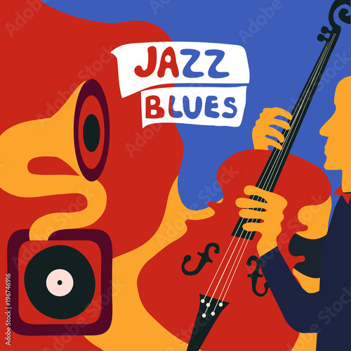 Jazz music festival colorful poster with music instruments. Gramophone and violoncello player flat vector illustration. Jazz concert
