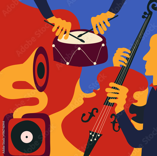 Jazz music festival colorful poster with music instruments. Violoncello and drum player with gramophone flat vector illustration. Jazz concert