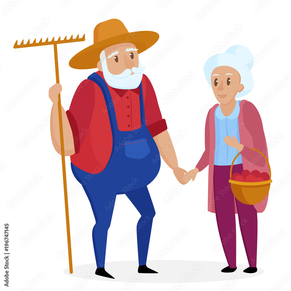 Old farmer with his wife. Elderly couple. Senior Grandpa and grandma standing. Vector cartoon illustration. Old farmer with his wife. Elderly couple. Senior Grandpa and grandma standing. Vector cartoon illustration.