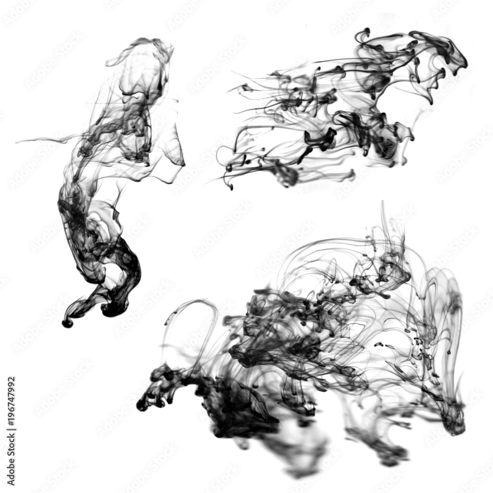 Fototapeta premium Shapeless black smoke jets for design on a white background.