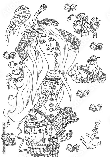 Fotografie Mermaid illustration outline coloring book page