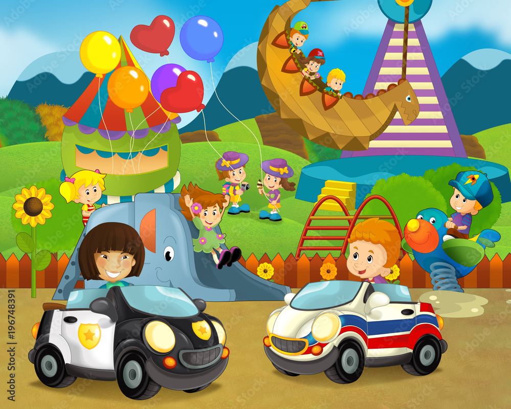 cartoon scene with happy and funny kids on the playground and in the car -  illustration for children Stock Illustration | Adobe Stock
