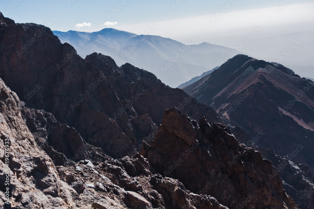 Toubkal and other highest mountain peaks of High Atlas mountains in Toubkal national park, Morocco, North Africa