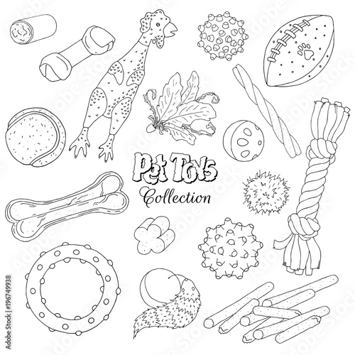 Collection of images on the theme of toys for cats and dogs. Vector sketches balls and toys for pets.