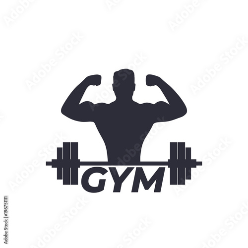 Fitness, gym logo with strong athlete and barbell