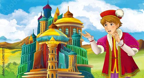 cartoon scene with young prince near medieval beautiful castle - illustration for children