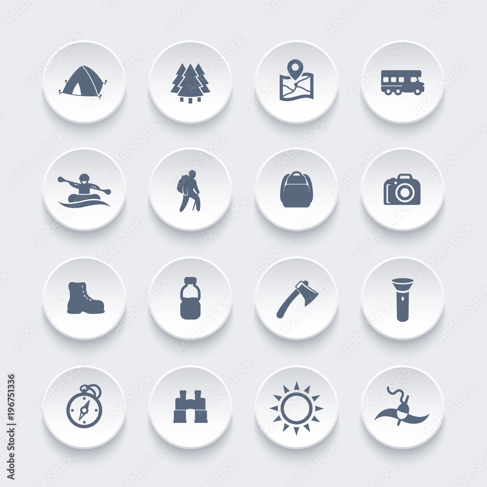 Hiking, camping, outdoor activities icons
