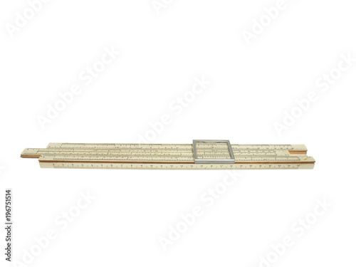 old logarithmic ruler for arithmetic calculations isolated on a white background. Made in USSR.