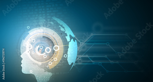 Artificial intelligence with woman face. Technology web background. Virtual concept. Machine learning.