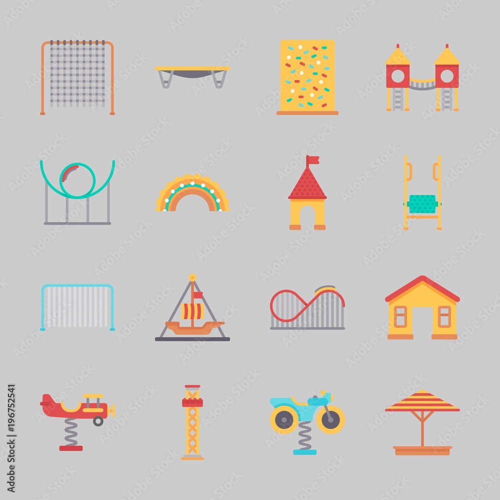 Icons about Amusement Park with game zone, climb , swing , roller coaster, sunshade and playground