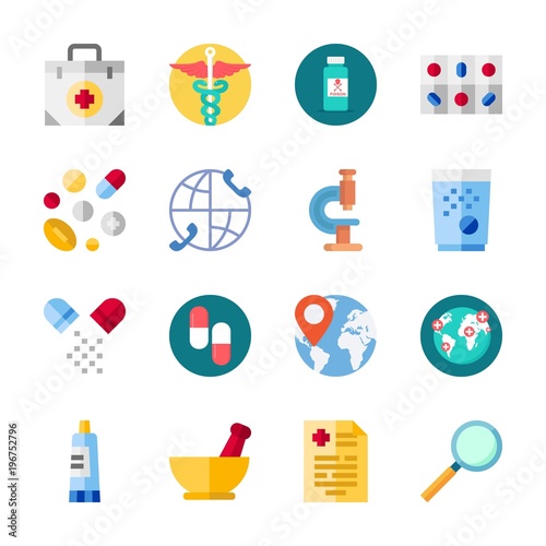 icon Medical with worldwide, pills, mortar, pharmacy and loupe