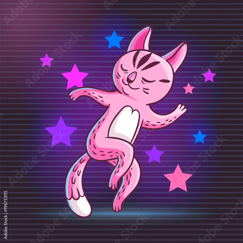Vector hand drawn illustration of funny dancing cat on disco party. Cute animal character with neon lights on background.