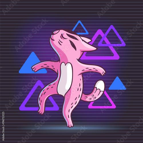 Vector hand drawn illustration of funny dancing cat on disco party. Cute animal character with neon lights on background.