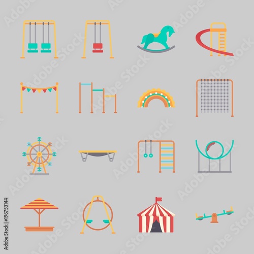 Icons about Amusement Park with horizontal bar, climb , amusement park, swings, game zone and roller coaster