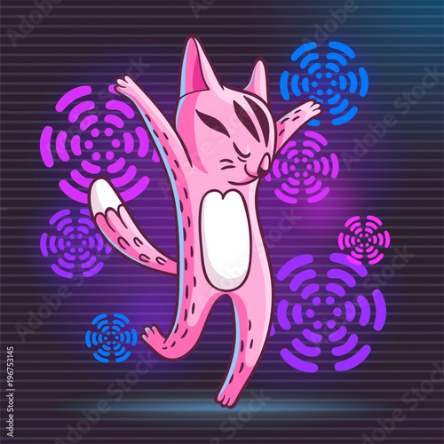 Vector hand drawn illustration of funny dancing cat on disco party. Cute animal character with neon lights on background.