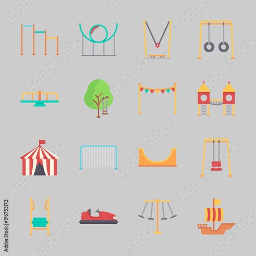Icons about Amusement Park with horizontal bar, carrousel, swing , roller coaster, carousel and sailing boat