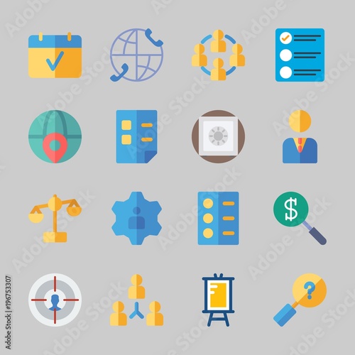 Icons about Business with worldwide, manager, safebox, law, list and calendar