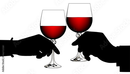 Black silhouettes of man's and woman's hands clink glasses with red wine isolated on white