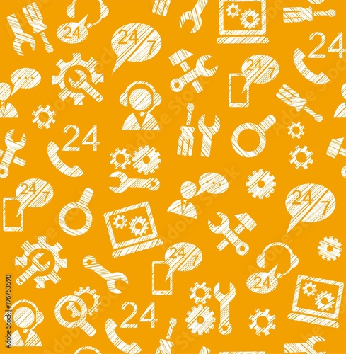 Technical support, repair, assistance, seamless pattern, orange, pencil hatching, vector. Repair and maintenance of computers and home appliances. Monochrome background. 