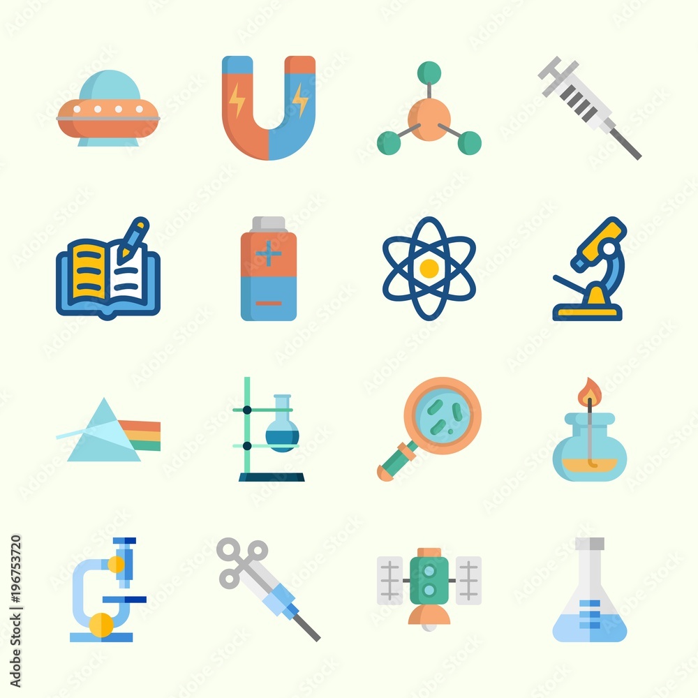 Icons about Science with syringe, flask, loupe, battery, refraction and physics