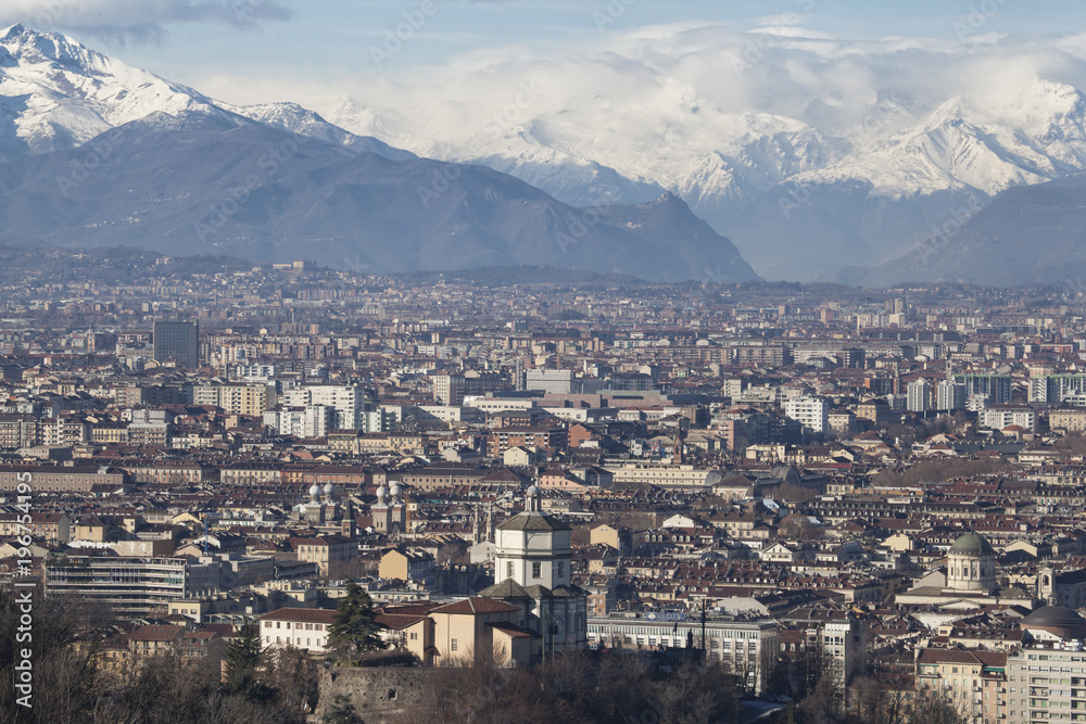 Turin aerial view with the Alps