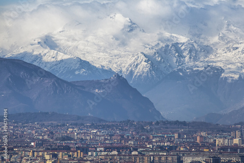 Turin aerial view with the Alps