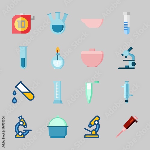 Icons about Laboratory with dropping liquid, burner, microscope, evaporatior dish, crucible and condenser