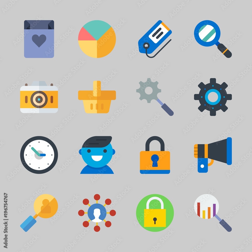 Icons about Commerce with shopping basket, user, time, photo camera, settings and padlock Icons about Commerce with shopping basket, user, time, photo camera, settings and padlock