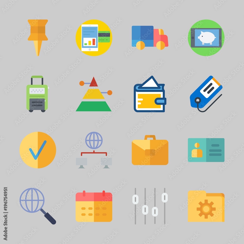 Icons about Business with calendar, suitcase, delivery truck, networking, id card and checked Icons about Business with calendar, suitcase, delivery truck, networking, id card and checked