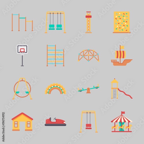 Icons about Amusement Park with slide, climb , swing , bumber car, swings and sailing boat